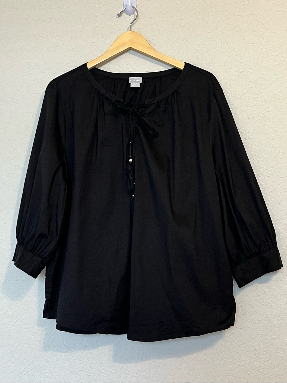 Chico’s Black Tassel Tie Peasant Blouse Size 4 US XL 20/22 Officewear Workwear